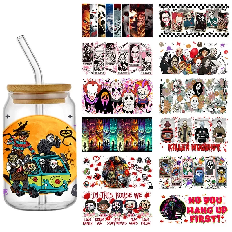 Pegatinas de terror para asustar a los fantasmas, pegatinas de transferencia UV DTF, envolturas de tazas de dibujos animados para gafas de 16OZ, calcomanía autoadhesiva fina personalizada
