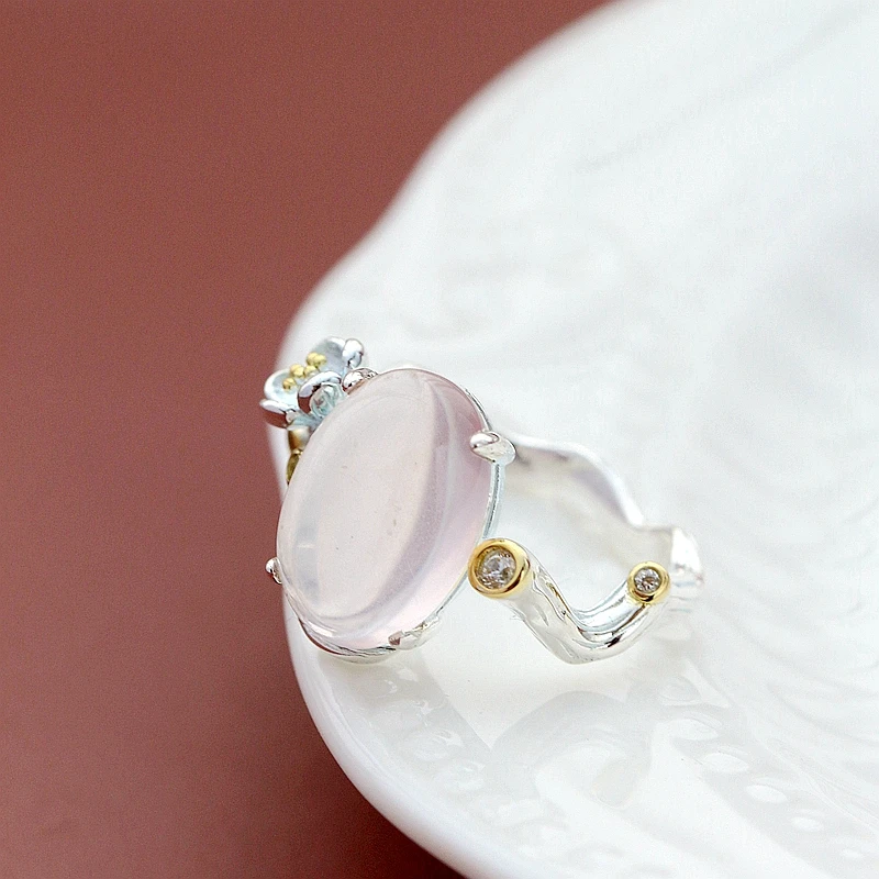 

Elegance 925 Sterling Silver Rings Handmade Inlaid Natural Rose Quartz Retro Style Opening Ring Creativ Women Jewelry Gift