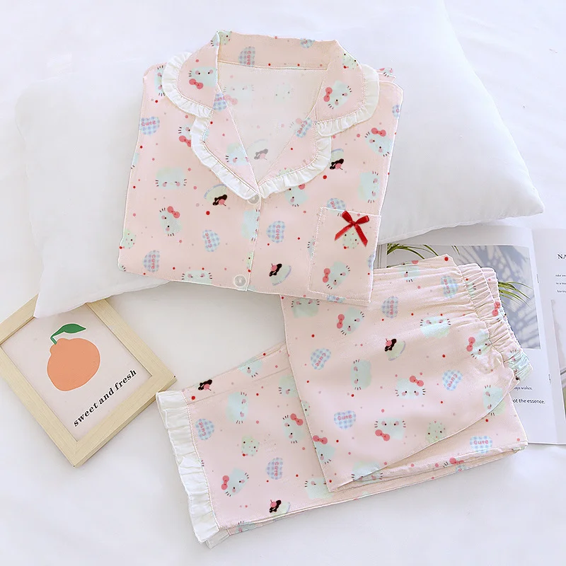 Sanrio Hello Kitty cartoon print spring and autumn lapel cardigan long sleeve pink pajamas women's imitation cotton loungewear