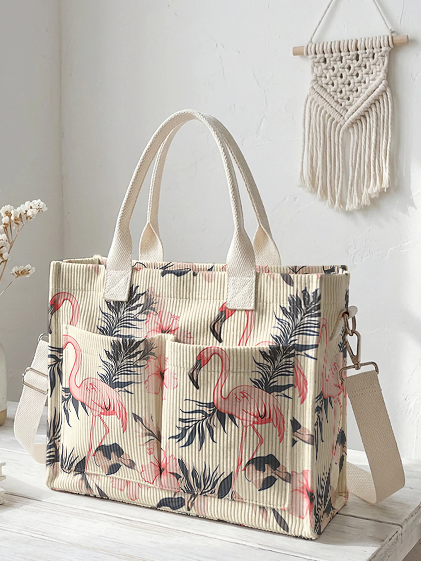 

Flamingo Tropical Print Corduroy Tote Bag Large Capacity Multi Pocket Commuter Shoulder Bag