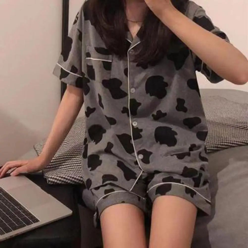 2 Pcs/Set Women Pajamas Set Korean Style Striped Sleeping Short Sleeves Cartoon Cow Print Lady Night Clothes Women Clothes