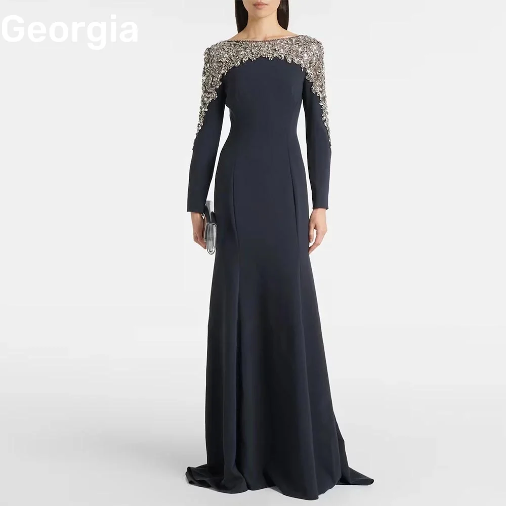 

Customized Luxury Dresses Evening Scoop Neckline A-Line Floor-Length Prom Dresses Beadings Zipper Up Long Sleeves Elegant Party