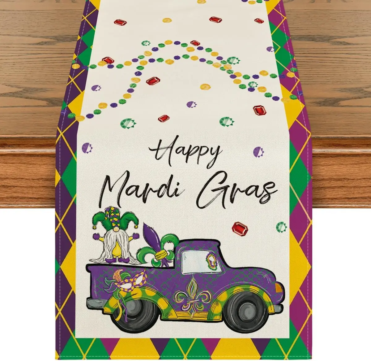 

Mardi Gras Gnomes Truck Carnival Linen Table Runner Seasonal Holiday Kitchen Dining Table Runner Indoor Outdoor Home Party Decor