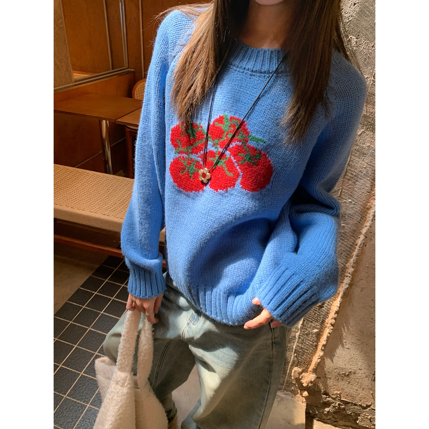 

Синий свитер-пуловер с узором, удобный зимний женский трикотаж прямого кроя, длинный теплый топ