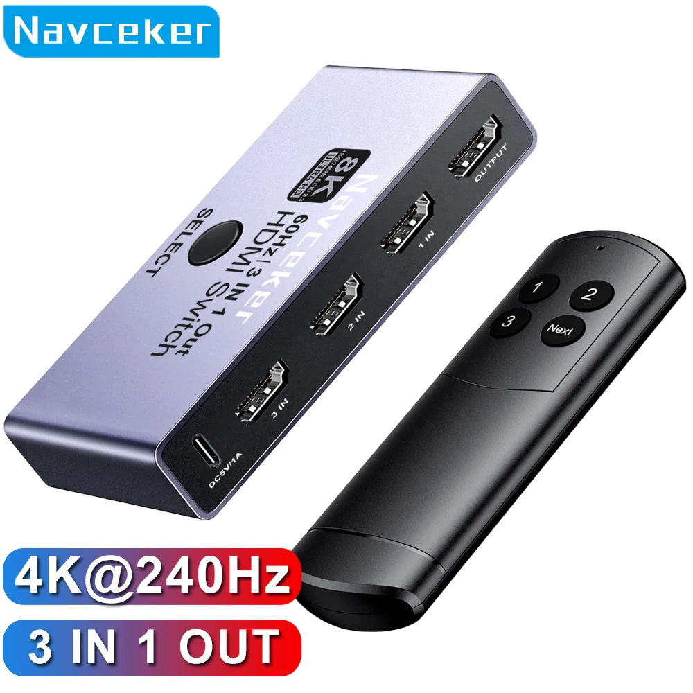 Navceker HDMI 2.1 Switcher 8K 4K 240Hz 3 Input 1 Output HDMI Switch Splitter 3x1 with Remote for Laptop PC PS5 Monitor Xbox TV