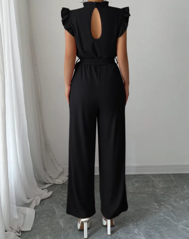 Simple and stylish flower trimmed waist cinched jumpsuit for summer 2025 new women's clothing