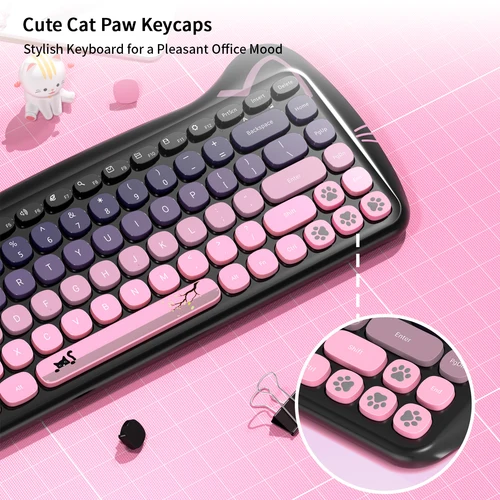 Imagen 2 del producto GEEZER Conexión inalámbrica Forma de gato lindo Teclas de colores mezclados Juego de teclado y ratón estilo gato lindo ergonómico