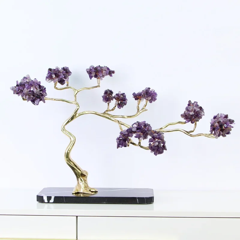 Purple Crystal Tree Golden Tree Metal Handicraft Crystal Sculpture Brass Sculpture Metal Decorative Figurines Room Decoration