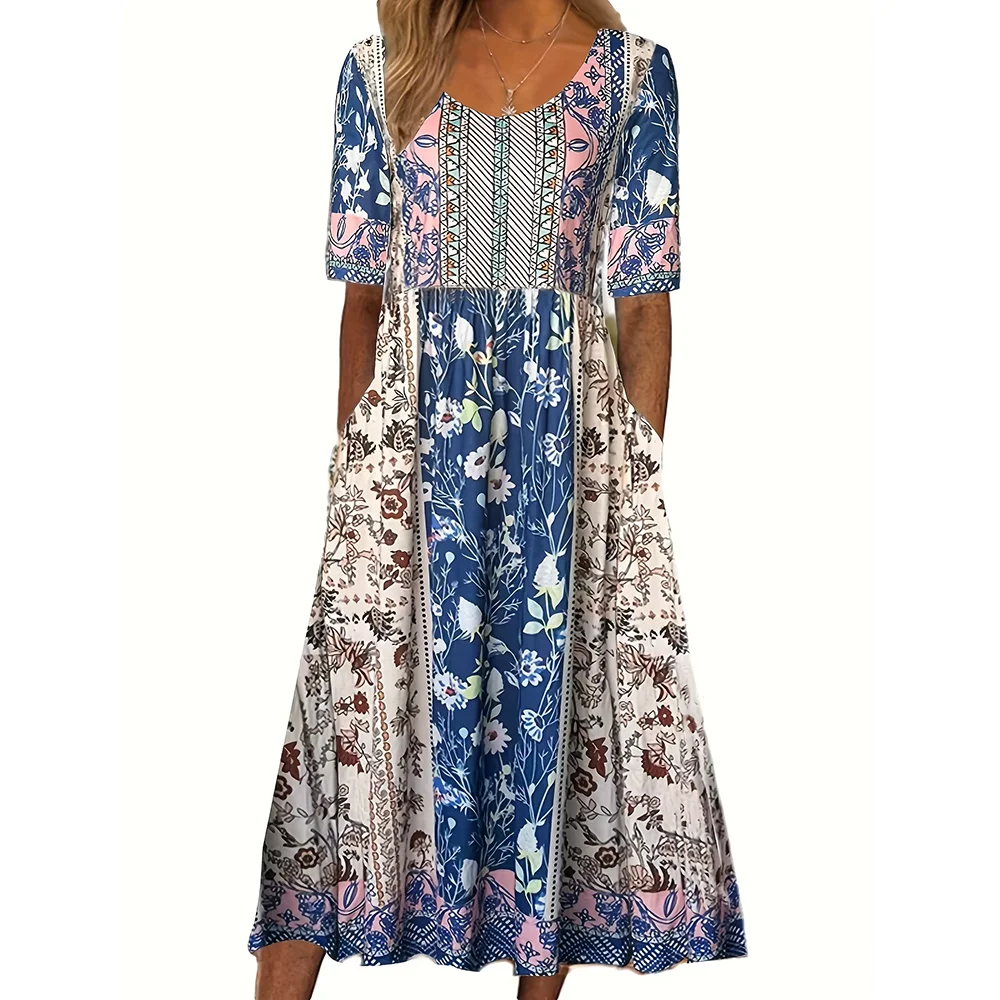 2026 Sommer Neues Damenkleid mit Rundhalsausschnitt, Kurzen Ärmeln und Langem Rock im Boho-Stil für Europa und die USA – Detail 1