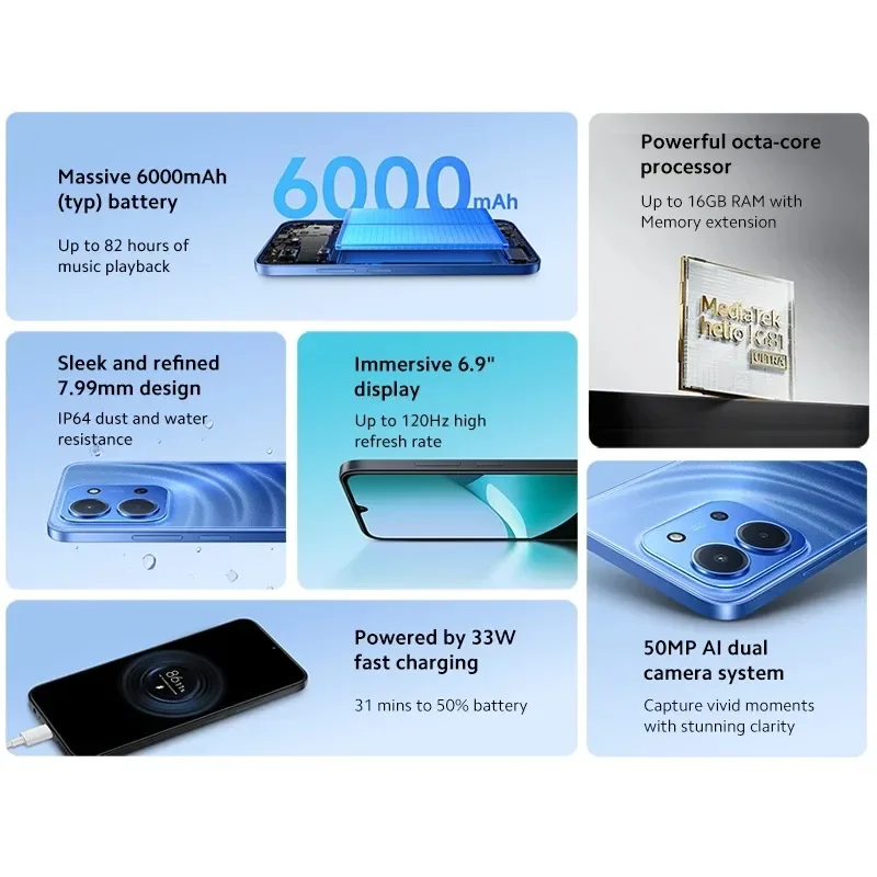 2026 Xiaomi Redmi 15C Versão Global 50MP Câmera Principal 120Hz 6.9 "Display 33W Carregamento 6000mAh Bateria MediaTek Helio G81-Ultra