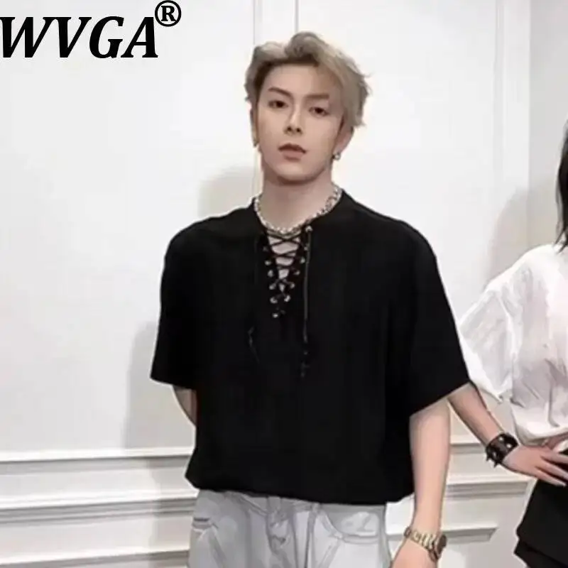 

WVGA 2026 Summer New Men Streetwear High-End Loose Jacquard Trendy Short Sleeved Tops Niche Chic Casual Collarless Shirts W24420