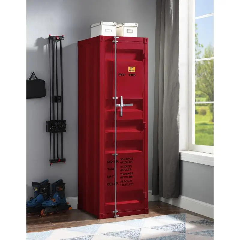 

Red Single-Door Wardrobe with Lockable Container for Secure Storage