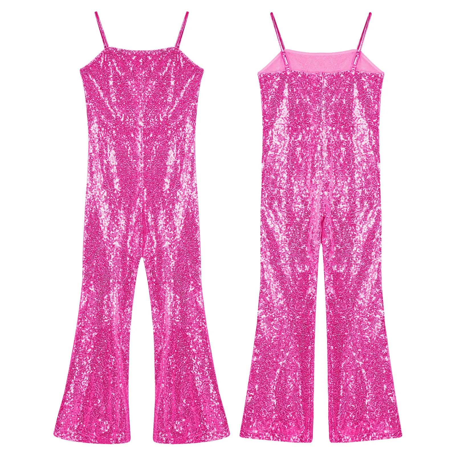 Girls Flares Romper Spaghetti Straps Bell Bottom Shiny Birthday Wedding Party Jumpsuit Pageant Prom Sequins Disco Rave Dancewear
