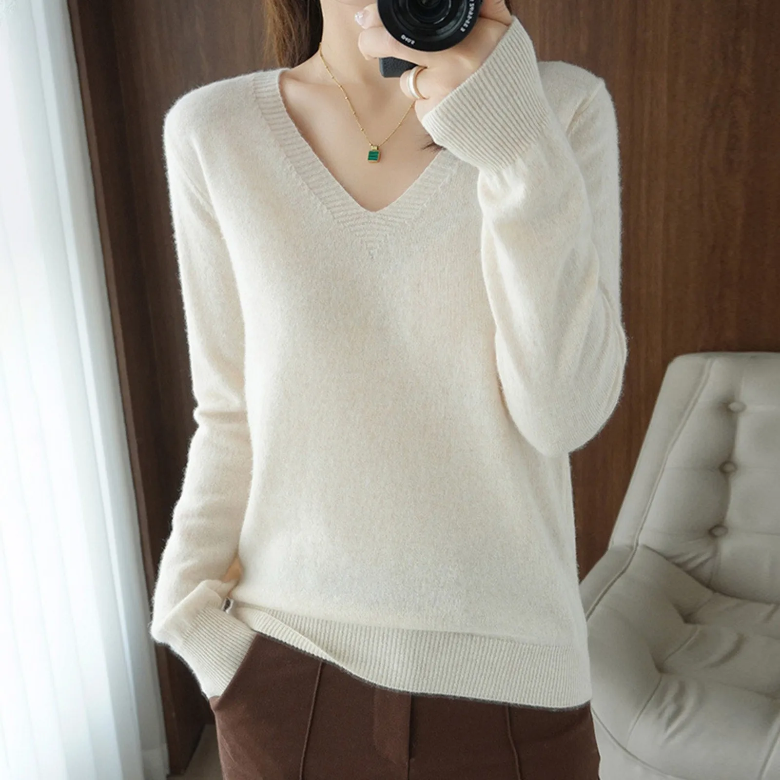 Women V-Neck Knitted Sweater Solid Color Long Sleeve Loose Jumper Elegant Basic Knitwears Autumn Outerwear Pullover