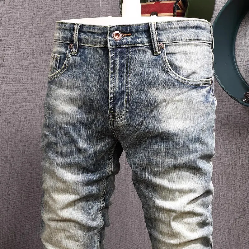 Streetwear Fashion Men Jeans Retro Washed Elastic Slim Fit Ripped Jeans Men Trousers Vintage Designer Casual Denim Pants Hombre