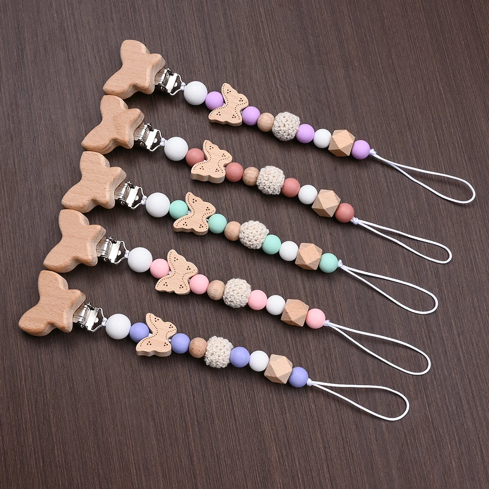2 Stuks Houten Ronde Beadsd Anti-Drop Baby Tepelketting Dummy Houder Kalmeren Verpleging Tandjes Speelgoed Dierlijke Vorm Beuken fopspeen Clip
