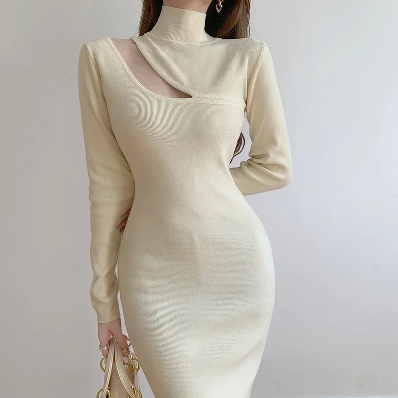 Chic Apricot Sexy Women's Knitted Dress Hollow Out Autumn Turtleneck Soft Wool Dress Ladies Vestido Winter Korea Knitwear