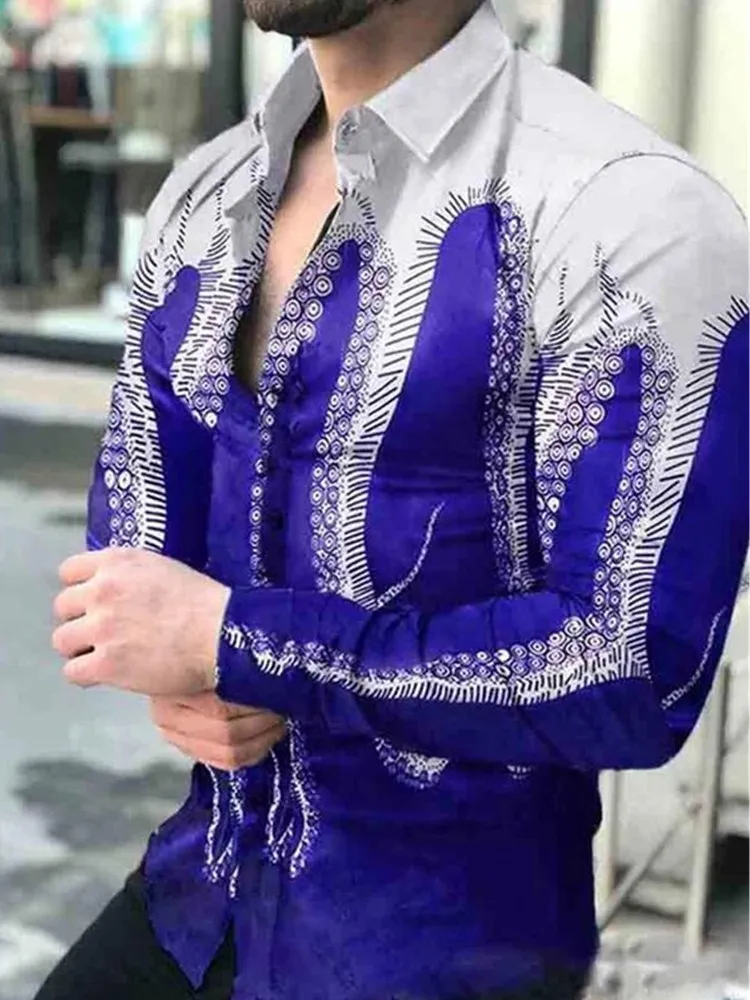 Camisa de peito único versátil masculina, manga comprida, lapela geométrica, moda de rua casual