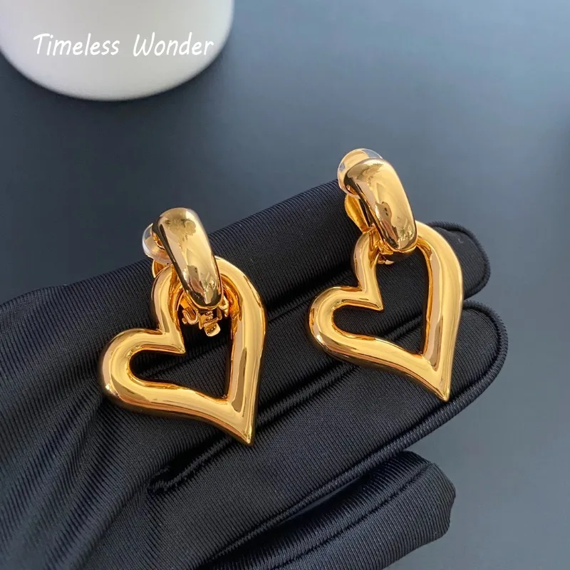 Timeless Wonder Fancy Brass Geo Heart Clip on Earrings for Women Designer Jewelry Punk Luxury Brand Rare Top Runway Neat 335