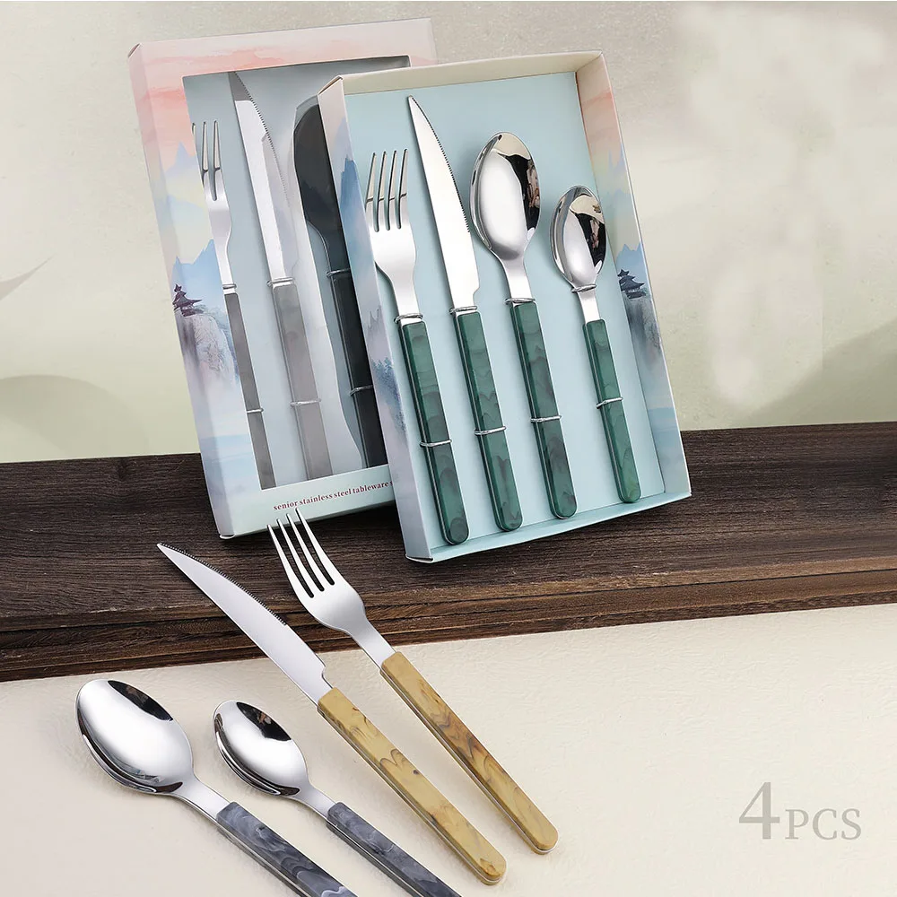 Jaswehome 4pcs Stainless Steel Steak Flatware Dinner Knife Fork Spoon Set Western Tableware Party Classic Silverware Set