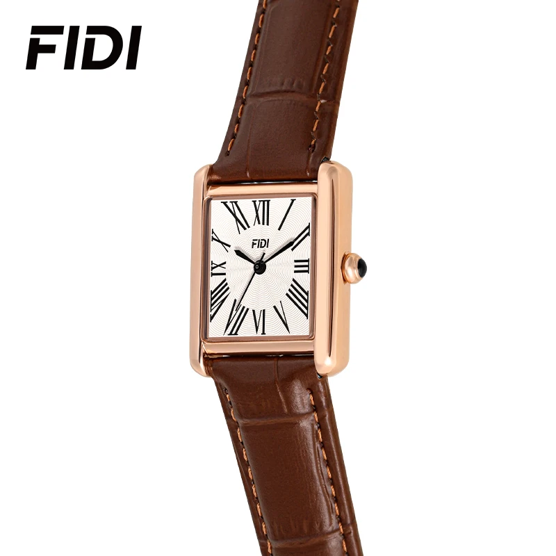 FIDI Women's Quartz Square Watch White Wave Pattern Dial Roman Numerals Leather Strap 30M Water Resistance Elegant Gift FD112