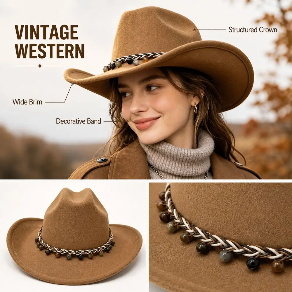 Gifts Felt Cowboy Hat Decorative Chain Band Curved Brim Fedora Hat Structured Crown Vintage Western Style Western Hat Women