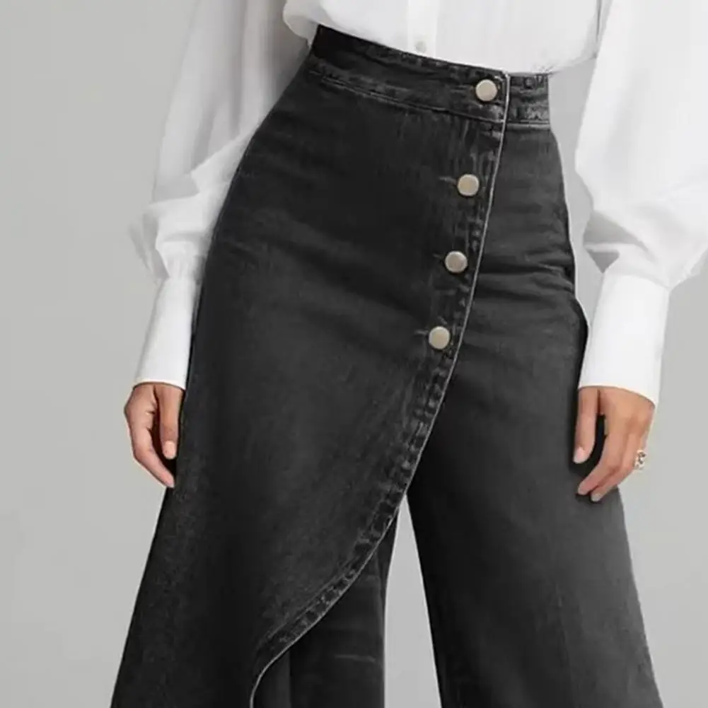 Elastic Waist Pants Women High Waist Wide Leg Pants Loose Fit Long Trousers with Irregular Single Breasted Design Office