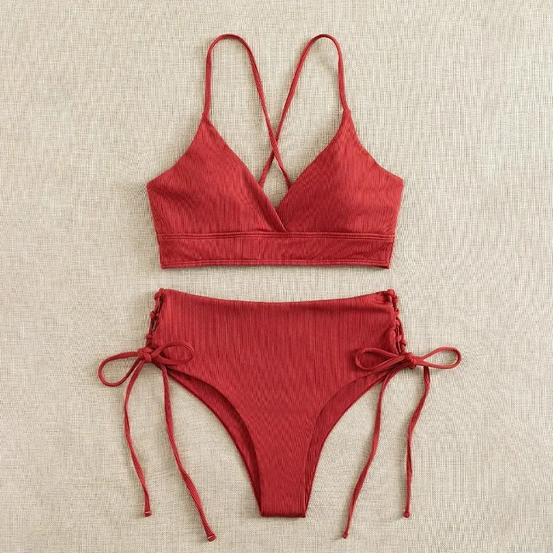 Conjunto de Bikini unicolor, traje de baño para mujer con cuello en V, Espalda descubierta, con cordones, Tanga de corte alto, traje de baño dividido, nuevo traje de baño de playa, conjuntos de 2 piezas