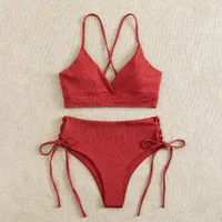 Solid Bikini Set Swimsuit Women V Neck Backless Lace Up High Cut Thong Split Bathing Suit 2025 New Beach Swimwear 2 Piece Sets