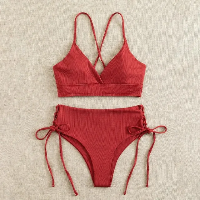 Solid Bikini Set Swimsuit Women V Neck Backless Lace Up High Cut Thong Split Bathing Suit 2025 New Beach Swimwear 2 Piece Sets