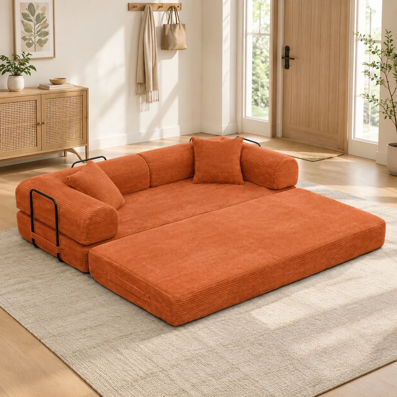 Convertible Sleeper Sofa Bed with Cylindrical Pillow, Corduroy Folding Mattress Couch Fixed-Shape Frame, Floor Lounge for Living