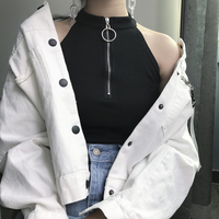 Hong Kong Style Chic Retro Zipper High Collar Slim Fit Short Vest Strap Women Hanging Neck Base Top