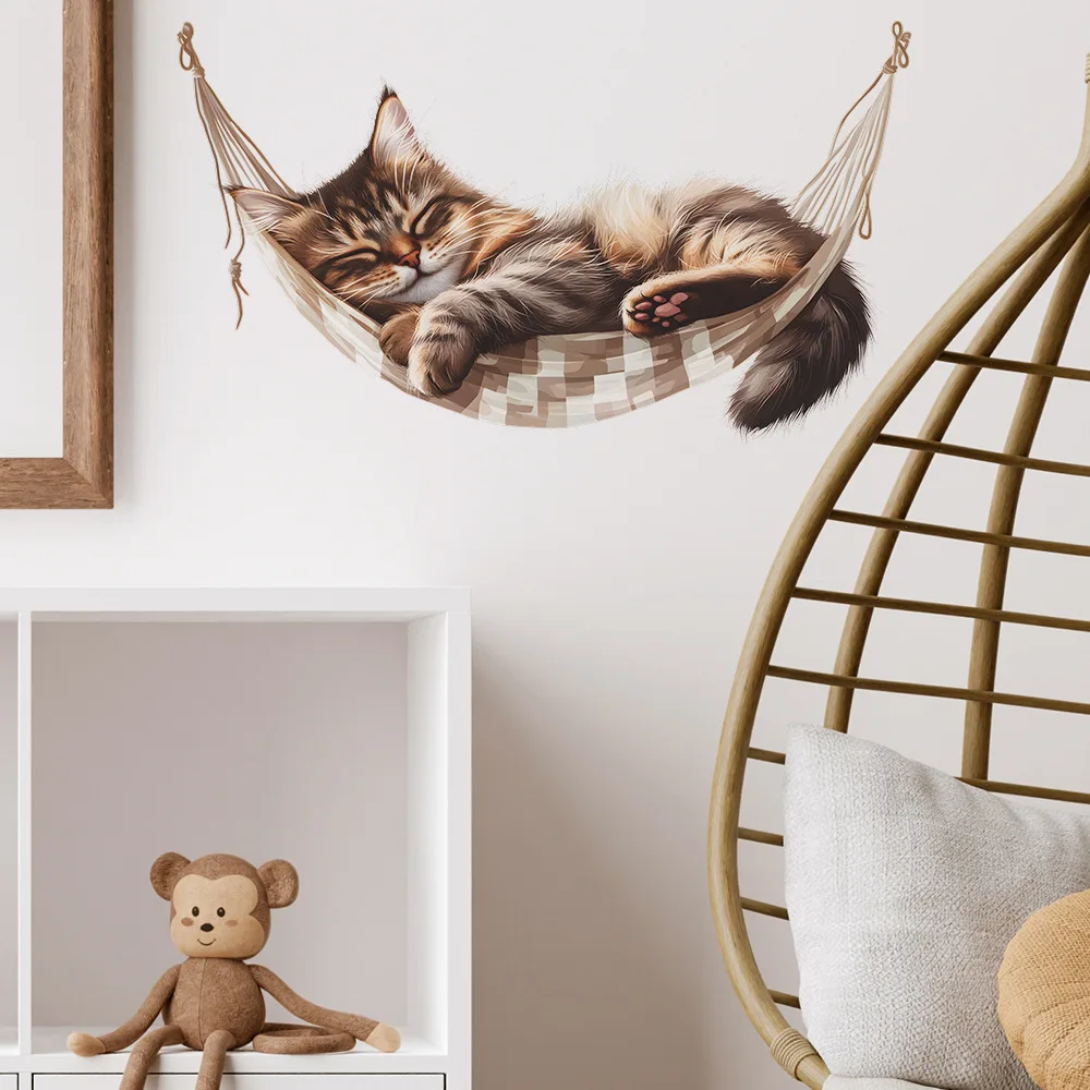 Creative Hammock Kitten Wall Stickers Kids Room Background Decor Wallpaper For Baby Bedroom Decoration Self-adhesive Home Decals