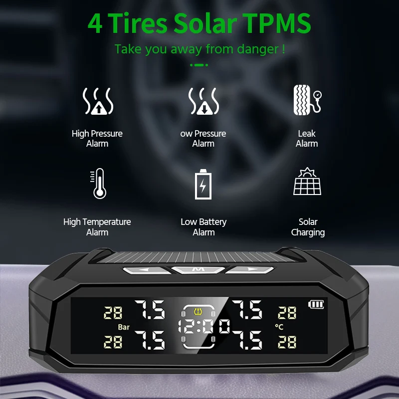 E-ACE Sensor Car TPMS 8Bar Tire Pressure Monitoring System Smart System For Auto 4 Sensors Vehicles Electronic Clock LCD Display