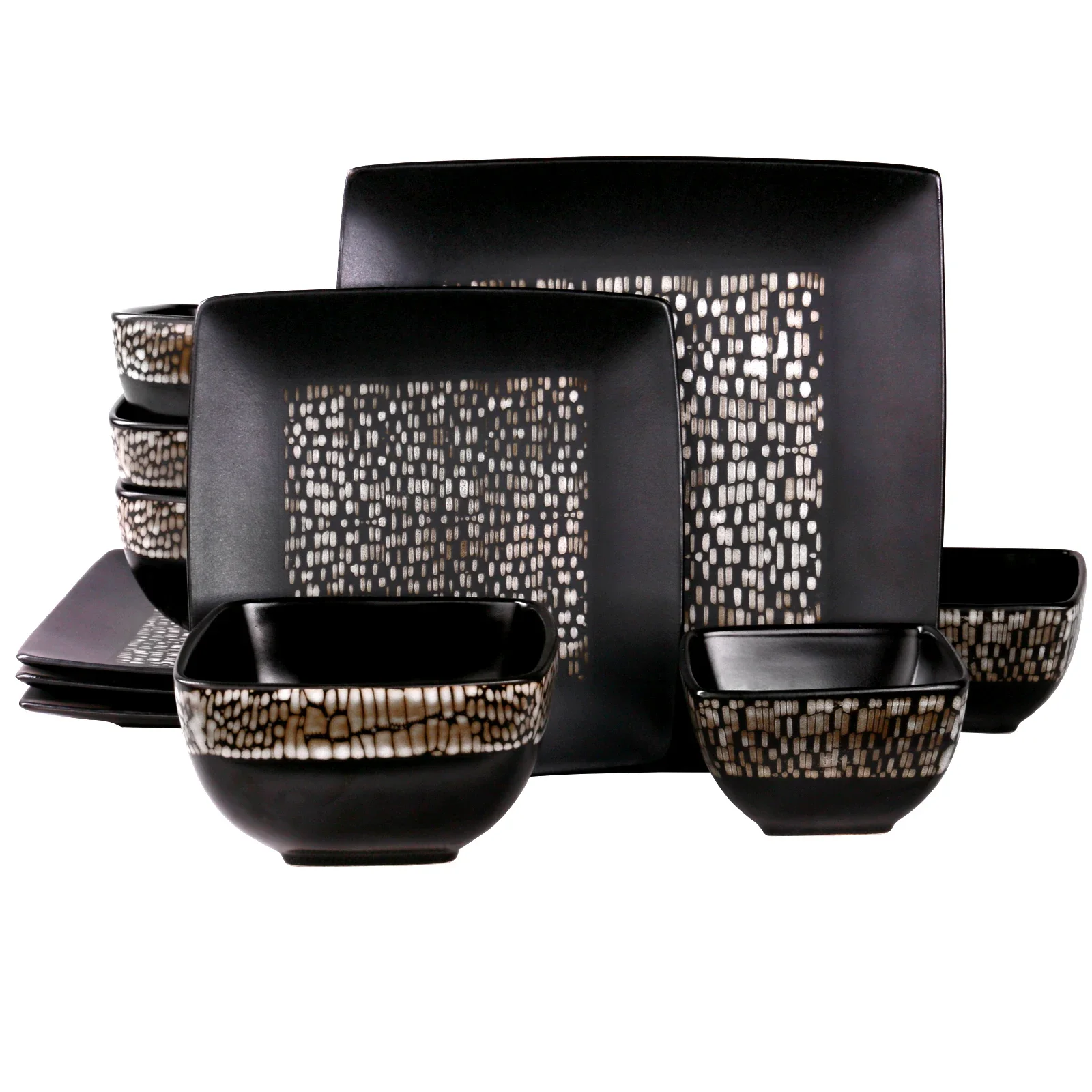 

16-piece black stoneware dinnerware set with double bowls