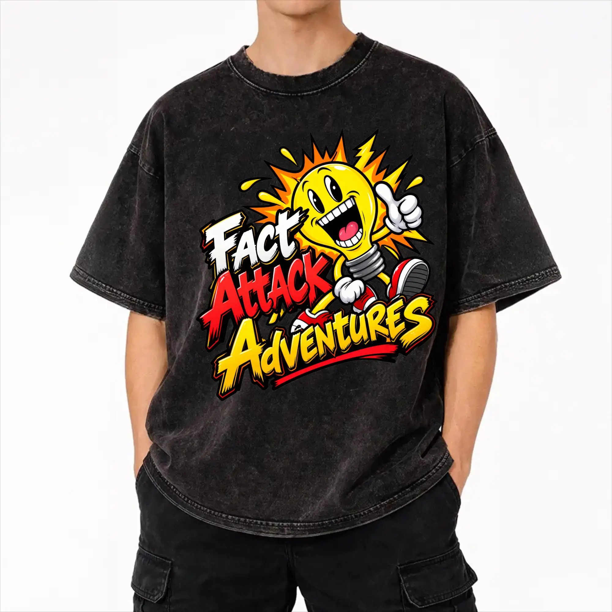 Fact Attack Adventures Lighty Merch Washed T Shirt Men Women Streetwear Hip Hop T-Shirt Summer  Tees Tops Short Sleeve