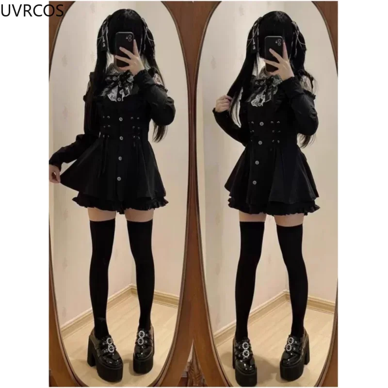 Gothic Y2k Vintage Lolita Style Shirt Dress Women Sweet Lace Patchwork Bow Slim Bandage Dresses Cute Ruffles Fashion Party Dress