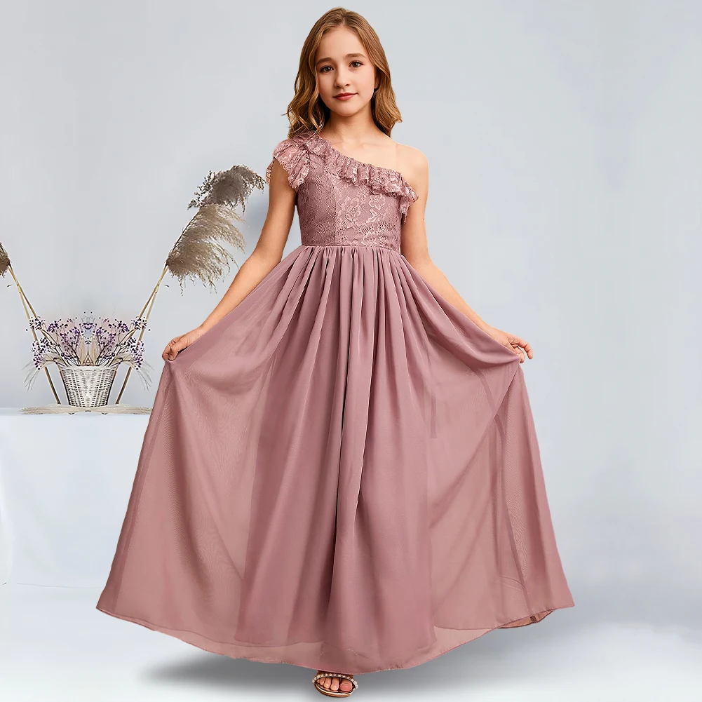 

Elegant A-Line One Shoulder Floor-Length Chiffon Lace Junior Bridesmaid Dresses Vintage Mauve Enchanting Flower Girl Dresses