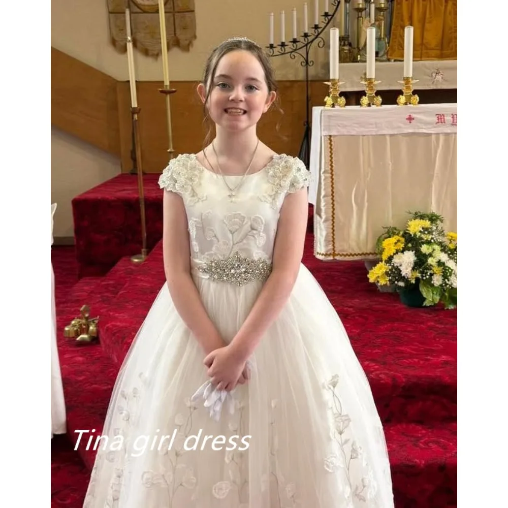 Princess Flower Girl Dresses for Wedding Lace Appliques Tulle Floor Lenght Kids Party Birthday First Communion Ball Gown Custom