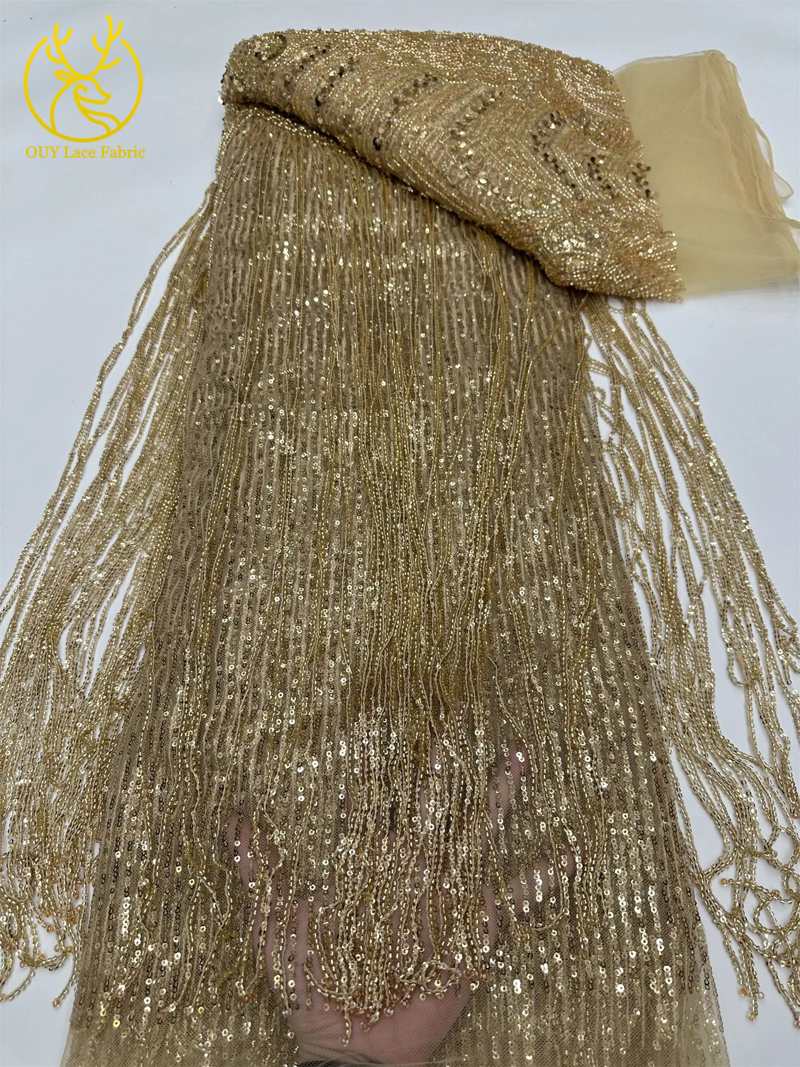 Goldener Afrikanischer Nigerianischer 3D-Perlen-Spitzenstoff 5 Yards Französischer Pailletten-Tüll Stickerei-Kleiderstoff für Damen Party Hochzeit Kleid Nähen – Detail 6