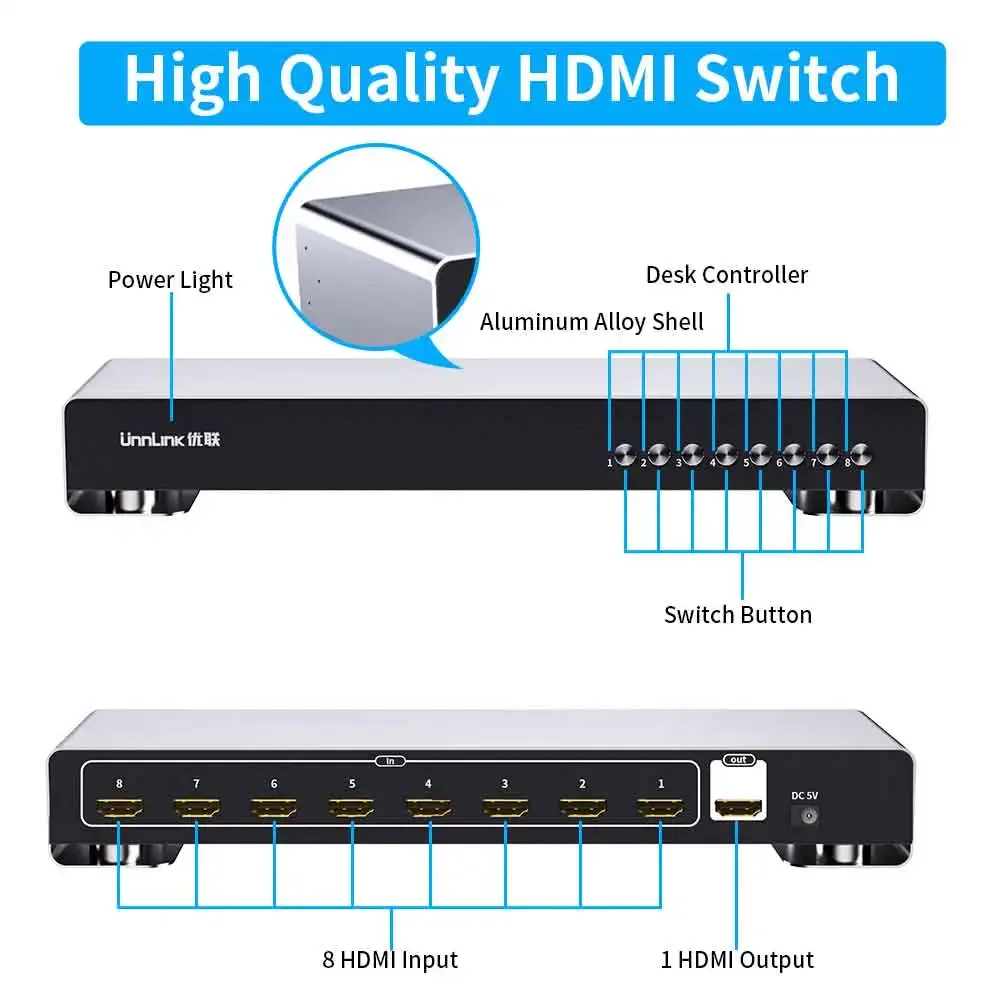 Unnlink HDMI Switch 8 In 1 Out 4K HDR Video Switcher 8 พอร์ตควบคุม 8 อุปกรณ์สําหรับสวิทช์ PS4/5 Pro แล็ปท็อป PC Sharing 1 Monitor