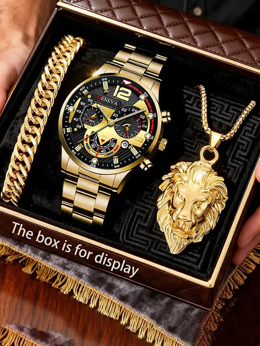 

Men's Casual Fashion Quartz Watch with Calendar Lion Pendant Necklace Bracelet Set Holiday Gift