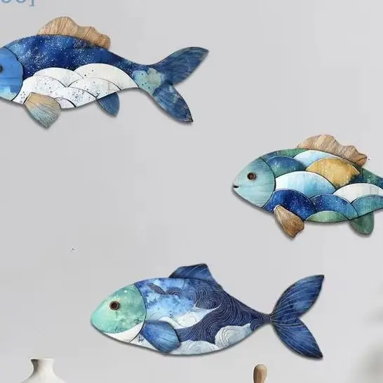 Ornement mural de poisson bleu en bois, signe de poisson rustique sculpté à la main, pendentif drôle, Art mural, décoration d'animaux de l'océan