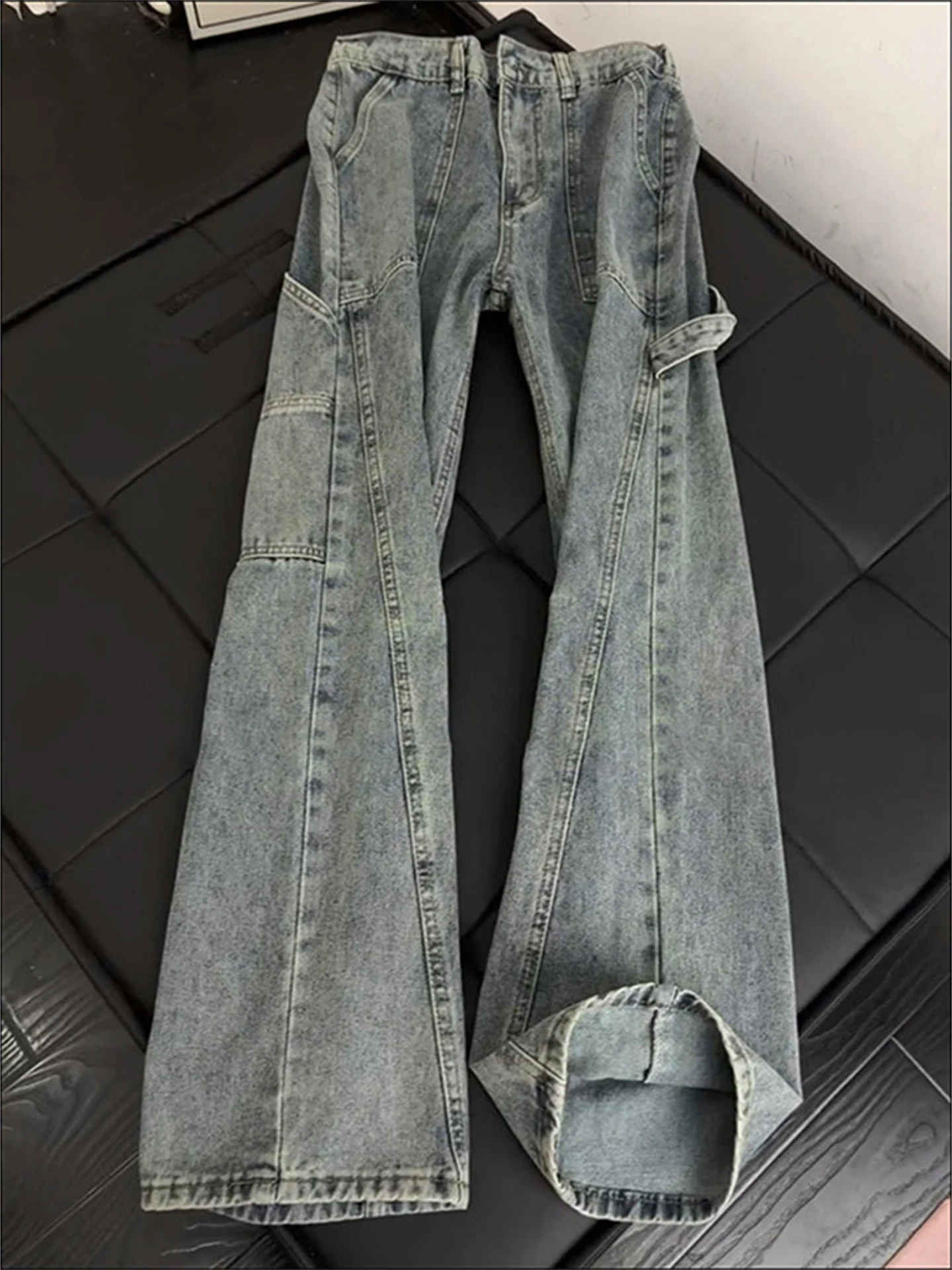 

Cleanfit Deconstructed Workwear Denim Jeans Men's American High Street Slanted Cut Straight Leg Micro Flare Knife Pants
