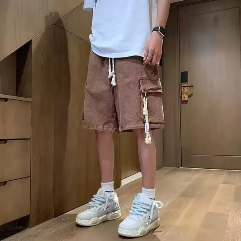 

Новинка 2023 года, мужские потертые джинсовые шорты-карго с несколькими карманами, мешковатые джинсы High Street на шнурке, синие винтажные короткие джинсы Y2K