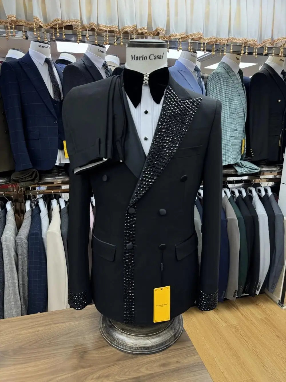 Men Suits Luxury Tailor-Made 2 Pcs Sets Tuxedos Black Crystal Peaked Lapel Groom For Wedding Prom Double Breasted Blazer Pants