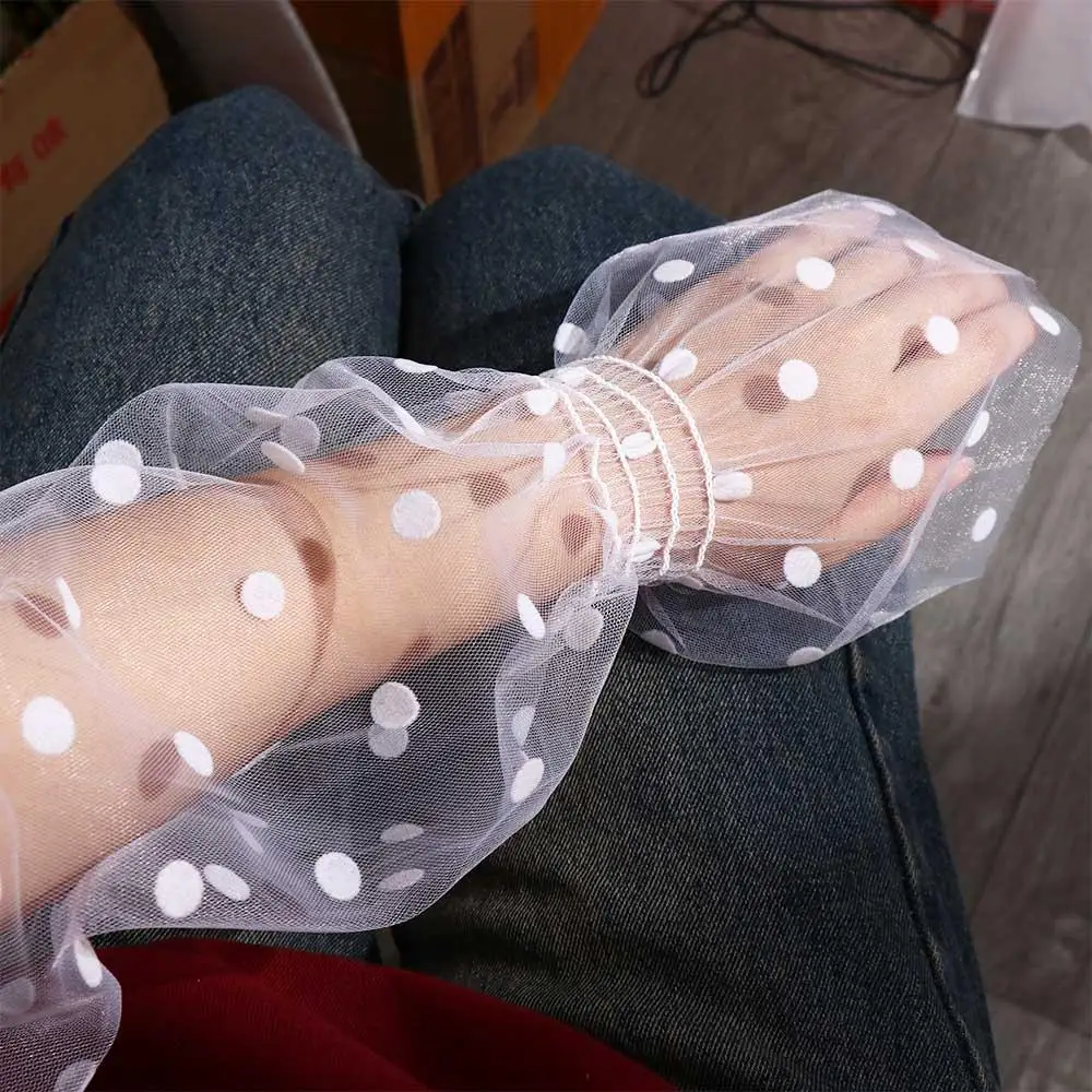 المضادة للأشعة فوق البنفسجية شفافة طويلة الأكمام قفاز موجة نقطة الدانتيل مدفئات للذراع واقية من الشمس كم غطاء للحماية أكمام الحرير الجليد #3