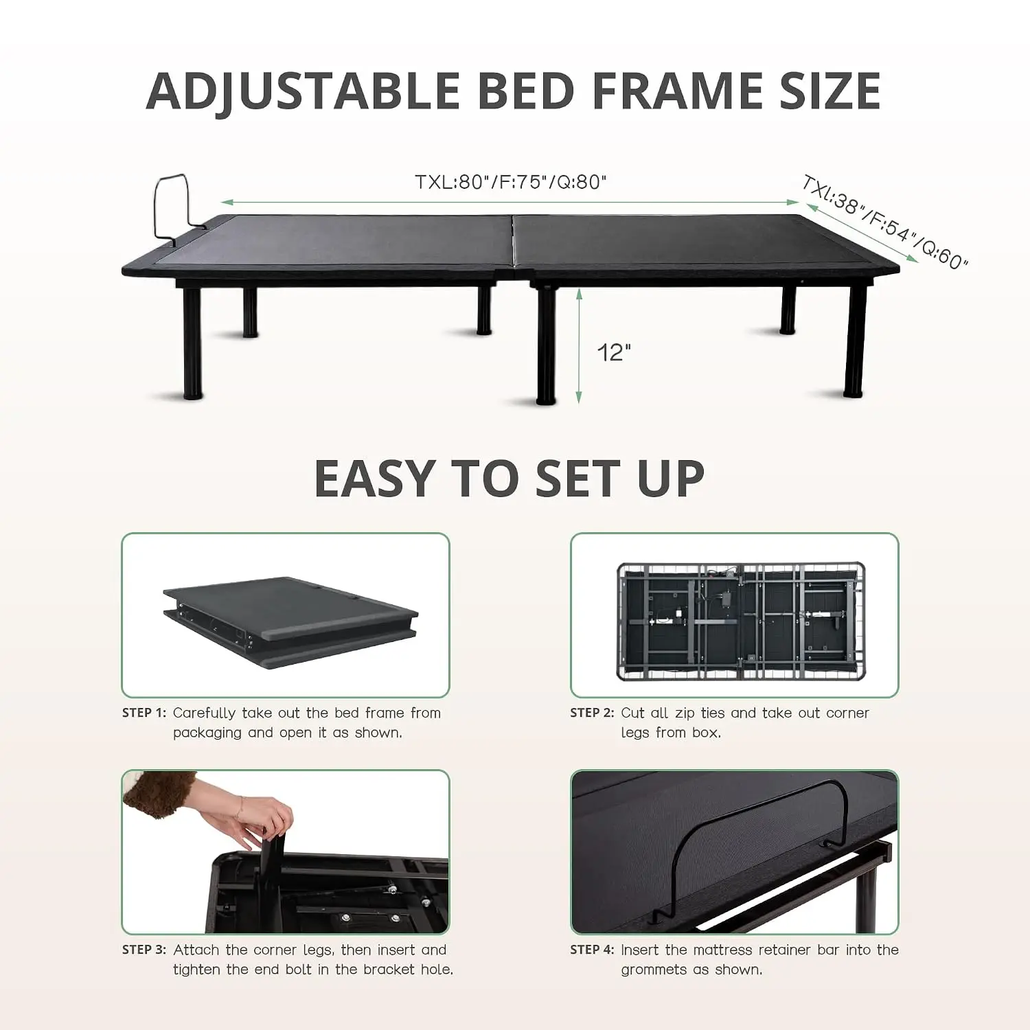 Twin XL Adjustable Bed & 12in Green Tea Memory Foam Mattress, Electric Remote, Zero Gravity Incline, Anti-Snore, Easy Assembly,