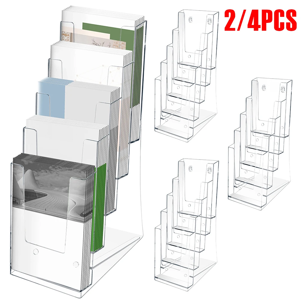 2/4Pcs 5 Tier Brochure Display Stand Acrylic Transparent Literature Rack Organizer Hangable Slant Back Desktop Storage Holder