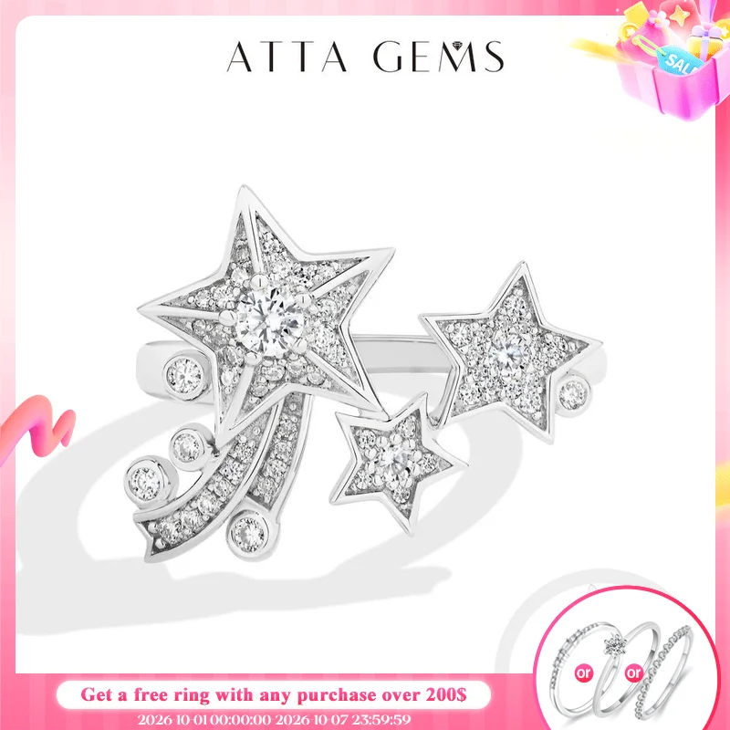 ATTAGEMS Light Luxury All Moissanite Star Rings 925 Sterling Silver for Women Unique Design With Lucky Genuine Fine Jewelry Gift